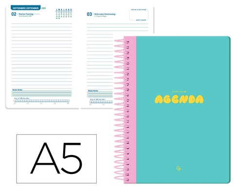 [LP564] AGENDA ESCOLAR LIDERPAPEL 25-26 ESPIRAL CLASSIC AZUL TURQUESA DIA PAGINA A5 BILINGÜE PAPEL FSC 70 GR