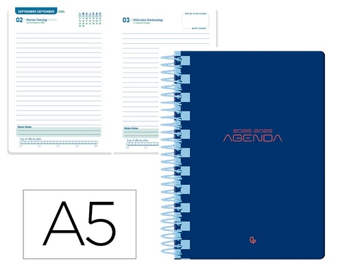 [LP565] AGENDA ESCOLAR LIDERPAPEL 25-26 ESPIRAL CLASSIC AZUL OSCURO DIA PAGINA A5 BILINGÜE PAPEL FSC 70 GR