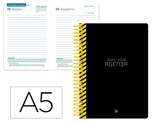 [LP566] AGENDA ESCOLAR LIDERPAPEL 25-26 ESPIRAL CLASSIC NEGRO DIA PAGINA A5 BILINGÜE PAPEL FSC 70 GR
