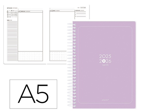 [LP631] AGENDA ESCOLAR ANTARTIK 25-26 ESPIRAL ESSENTIALS MORADO DIA PAGINA A5 BILINGÜE PAPEL FSC 80 GR