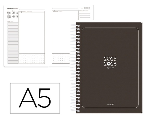 [LP636] AGENDA ESCOLAR ANTARTIK 25-26 ESPIRAL ESSENTIALS NEGRO DIA PAGINA A5 BILINGÜE PAPEL FSC 80 GR
