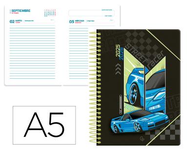 [LP595] AGENDA ESCOLAR LIDERPAPEL 25-26 ESPIRAL CARS AZUL DIA PAGINA A5 BILINGÜE PAPEL FSC 80 GR
