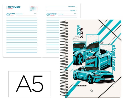 [LP596] AGENDA ESCOLAR LIDERPAPEL 25-26 ESPIRAL CARS TURQUESA DIA PAGINA A5 BILINGÜE PAPEL FSC 80 GR