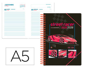 [LP598] AGENDA ESCOLAR LIDERPAPEL 25-26 ESPIRAL CARS ROJO DIA PAGINA A5 BILINGÜE PAPEL FSC 80 GR