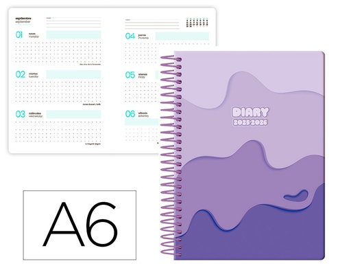 [LP608] AGENDA ESCOLAR LIDERPAPEL 25-26 ESPIRAL MELTING MORADO SEMANA VISTA A6 BILINGÜE PAPEL FSC 80 GR