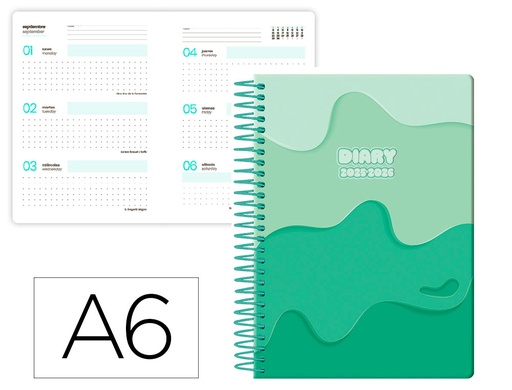 [LP609] AGENDA ESCOLAR LIDERPAPEL 25-26 ESPIRAL MELTING VERDE SEMANA VISTA A6 BILINGÜE PAPEL FSC 80 GR