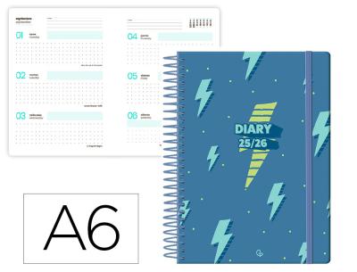 [LP625] AGENDA ESCOLAR LIDERPAPEL 25-26 ESPIRAL PATTERNS RAYOS AZUL SEMANA VISTA A6 BILINGÜE PAPEL FSC 80 GR