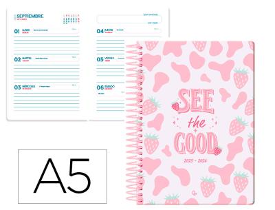 [LP587] AGENDA ESCOLAR LIDERPAPEL 25-26 ESPIRAL PETITE FRESAS SEMANA VISTA A5 BILINGÜE PAPEL FSC 80 GR
