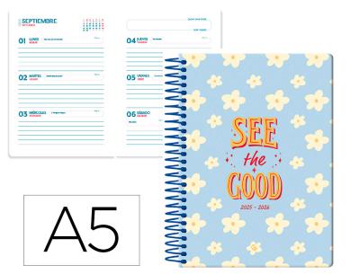 [LP588] AGENDA ESCOLAR LIDERPAPEL 25-26 ESPIRAL PETITE FLORES SEMANA VISTA A5 BILINGÜE PAPEL FSC 80 GR