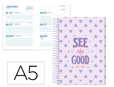 [LP589] AGENDA ESCOLAR LIDERPAPEL 25-26 ESPIRAL PETITE CORAZONES SEMANA VISTA A5 BILINGÜE PAPEL FSC 80 GR