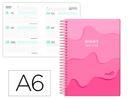 [LP607] AGENDA ESCOLAR LIDERPAPEL 25-26 ESPIRAL MELTING ROSA SEMANA VISTA A6 BILINGÜE PAPEL FSC 80 GR
