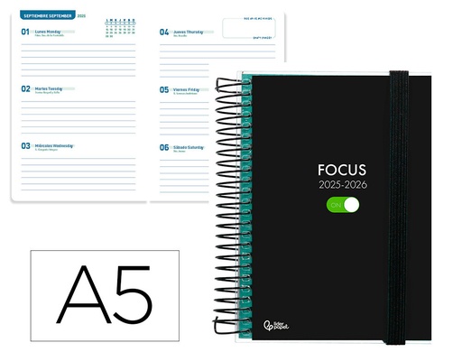 [LP570] AGENDA ESCOLAR LIDERPAPEL 25-26 ESPIRAL PERSONALIZABLE SEMANA VISTA A5 BILINGÜE PAPEL FSC 70 GR