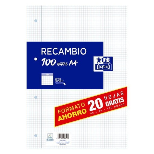 [OXF400195058] Recambio a4 80+20h 4 taladros 90g. cuadrícula 4x4 c/m oxford