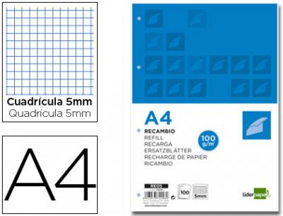 [RE05] Recambio liderpapel a4 100 hojas 100 g/m2 cuadro 5 mm 4 taladros bandas de 5 colores.