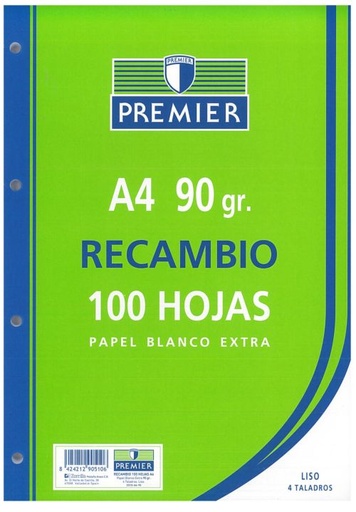 [8424212905106] RECANVI A4 100H 4 TALADROS 90G LISO PREMIER