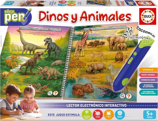 [E20322] Educa - Educapen Dinos y los Animales | Juego Educativo para niños +5 años | Cuaderno con Preguntas y Lector electrónico | Niños 5 6 7 años (20322)