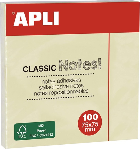 [APL10975] BLOC 100 NOTAS ADHESIVAS 75X75MM APLI AMARILLO